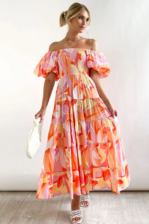Off Shoulder Smocked Tiered Abstract Circle Print Maxi Dress