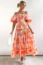 Off Shoulder Smocked Tiered Abstract Circle Print Maxi Dress