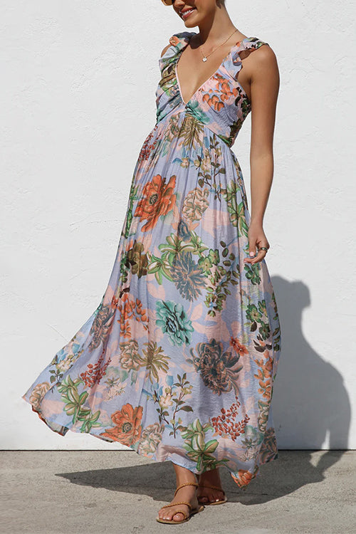 Sleeveless V Neck Floral Print Maxi Holiday Dress