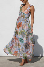 Sleeveless V Neck Floral Print Maxi Holiday Dress