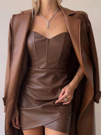 PU Leather Pleated Strapless Mini&Short Dresses