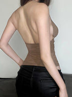 Mesh Pleats V-neck Halter Neck Backless Tank Tops