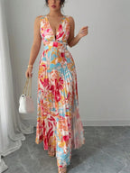 Sexy Deep V-neck Sleeveless Floral Print Maxi Dress With Slit Hem And Pleats