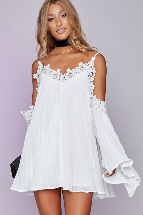 Cold Shoulder Crochet Trim Pleated Chiffon Bell Sleeve V-Neck Mini Dress