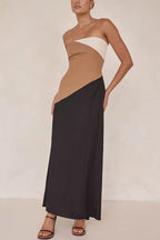 Strapless Color Block Pocketed Maxi Party Dress