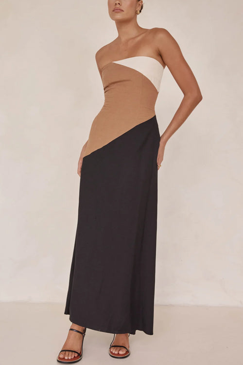 Strapless Color Block Pocketed Maxi Party Dress