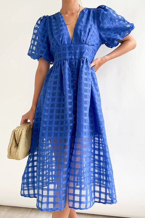 Puff Sleeve Sheer Grid Check Empire Waist Button Front Midi Dress