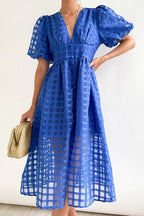 Puff Sleeve Sheer Grid Check Empire Waist Button Front Midi Dress