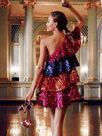 Sequins Off-shoulder Sleeveless Splicing Three Colors Overlaid Cake Skirt Evening Gown Maxi Dresses