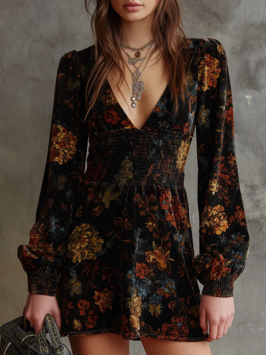 Printed V-neck Velvet Mini&Short Dresses