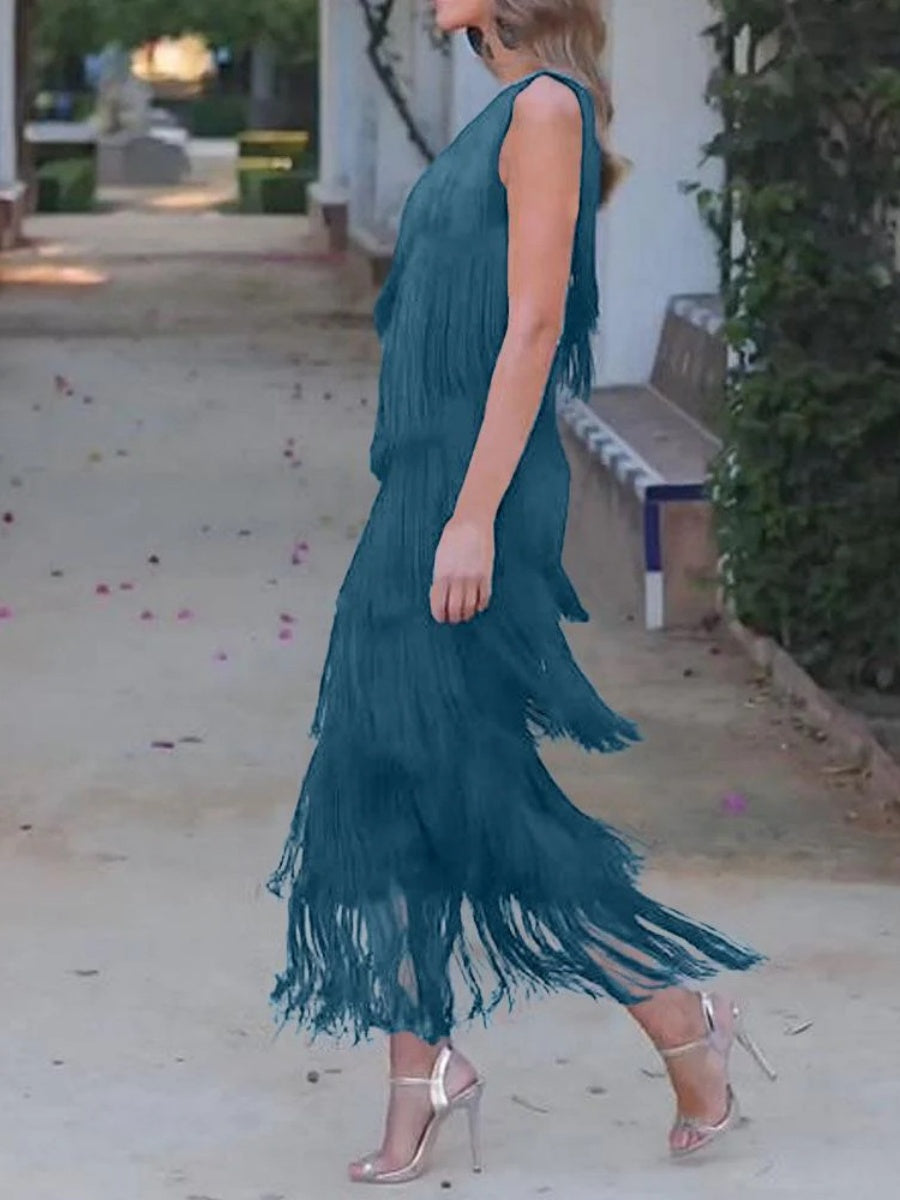 Tassel Sloping Shoulders Asymmetrical Maxi Dresses