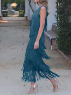 Tassel Sloping Shoulders Asymmetrical Maxi Dresses