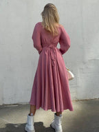 Drawstring Square Collar Puff Sleeve Slit Maxi Dresses