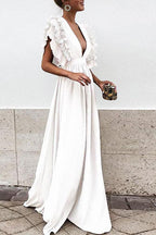 Deep V-Neck Tiered Ruffle Flutter Sleeve Gathered Maxi Gown