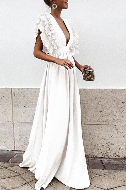 Deep V-Neck Tiered Ruffle Flutter Sleeve Gathered Maxi Gown