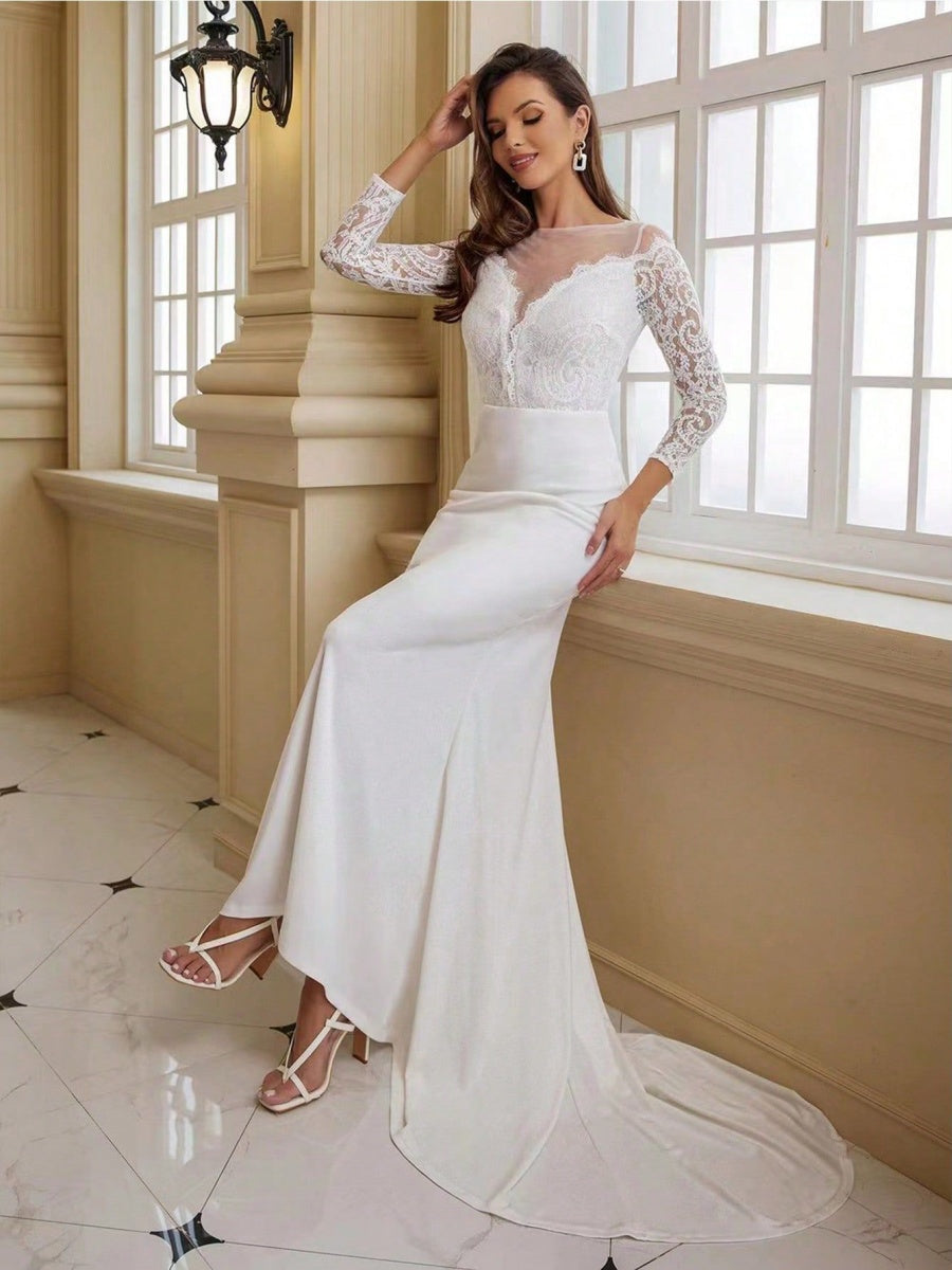 Lace Wedding Dress Trail Formal Dress Maxi Dresses