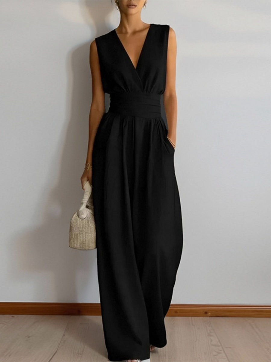 V-neck Waist Wide-leg Pants Sleeveless Temperament Grace Commuting Jumpsuits