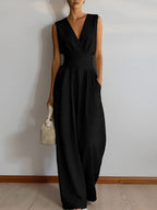 V-neck Waist Wide-leg Pants Sleeveless Temperament Grace Commuting Jumpsuits
