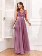 V-neck Embroidery Sequins Elegant Gauze Formal Dress Maxi Dresses