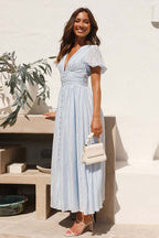Plisse Texture Puff Sleeve Ruched Waist Button Front Maxi Dress