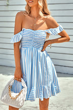 Off-the-Shoulder Smocked Vertical Striped Ruffle Hem Mini Dress