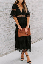 Deep V Neck Lace Trim Tiered Layered Ruffle Midi Dress