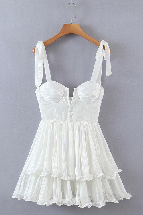 Bustier Sweetheart Tie Shoulder Button Front Tiered Ruffle Mini Dress