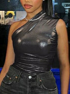 Imitation PU Metallic Luster Slim-fit Sleeveless Bodysuits
