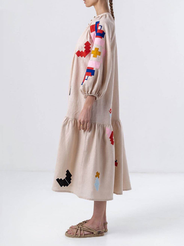Abstract Geometric Embroidery Balloon Sleeve Tiered Midi Dress