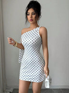Retro Polka Dots Sloping Shoulders Bandage Hip-hugging Mini&Short Dresses
