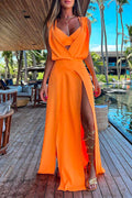 V Neck High Slit Maxi Cover Up Dress with Crop Cami Top Beach Set