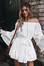 Off-the-Shoulder Bell Sleeve Eyelet Lace Fringe Trim Tie Waist Wrap Mini Dress