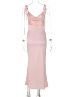 Satin Cross Straps Hollow Out V-neck Sleeveless Maxi Dresses