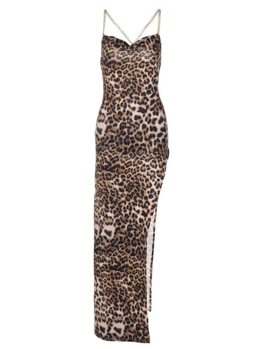 Chain Backless Camisoles Irregular High Slit Leopard Print Maxi Dresses