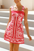 Ornamental Print Square Neck Wide Strap A-Line Mini Dress