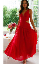 Deep V-Neck Cut Out Waist Sleeveless Wrap Pleated Maxi Dress