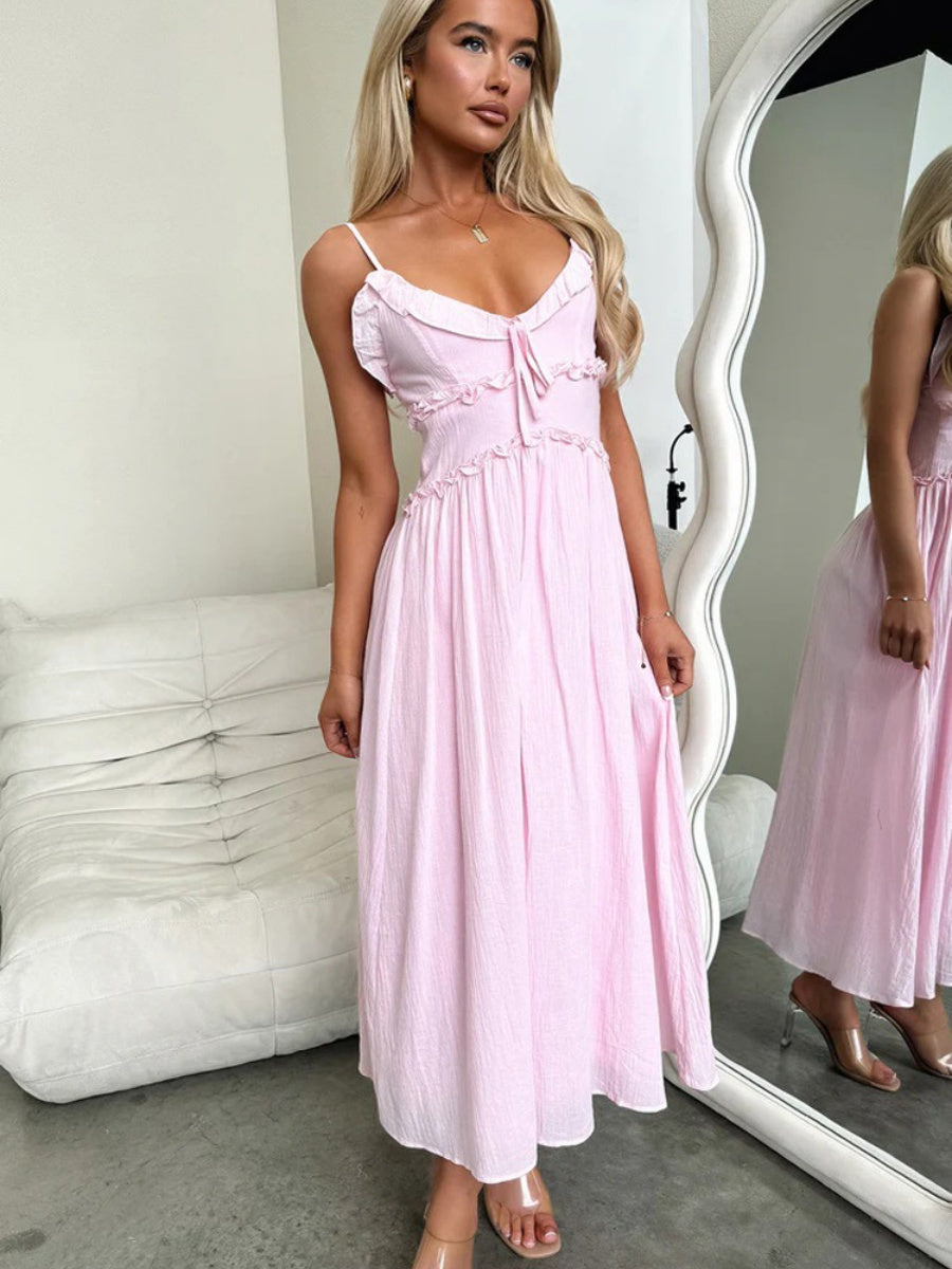 Ruffle Solid Color Camisoles Bandage Maxi Dresses