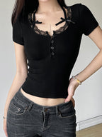 Lace Trim Square Neck Long-sleeved Top Button-down Halter Neck Tank Top