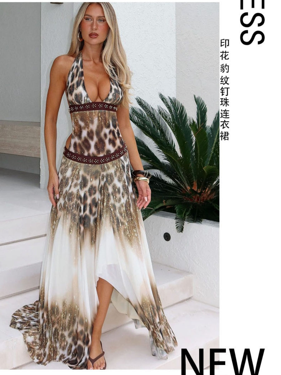 Halter Leopard Print Splicing Backless Beading Maxi Dresses
