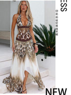 Halter Leopard Print Splicing Backless Beading Maxi Dresses