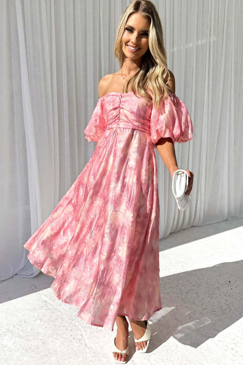 Off Shoulder Ruched Bust Puff Sleeve Floral Jacquard Midi Dress