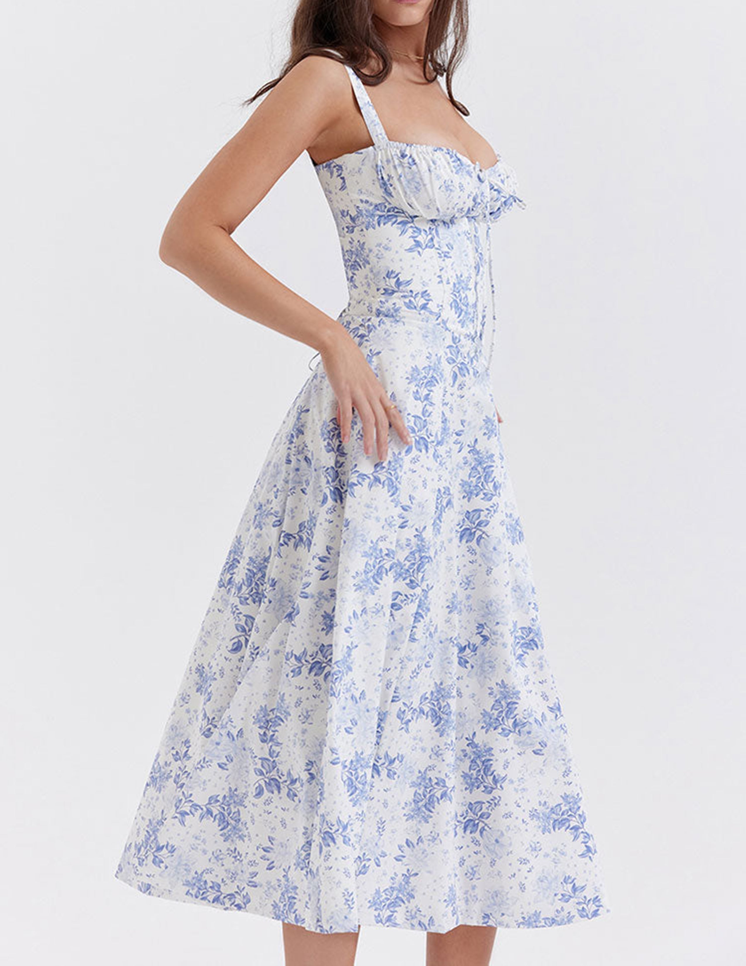 Ditsy Floral Print Sweetheart Corset Front Slit Midi Dress