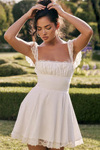 Square Neck Ruched Bust Lace Cap Sleeve Lace Hem Mini Dress