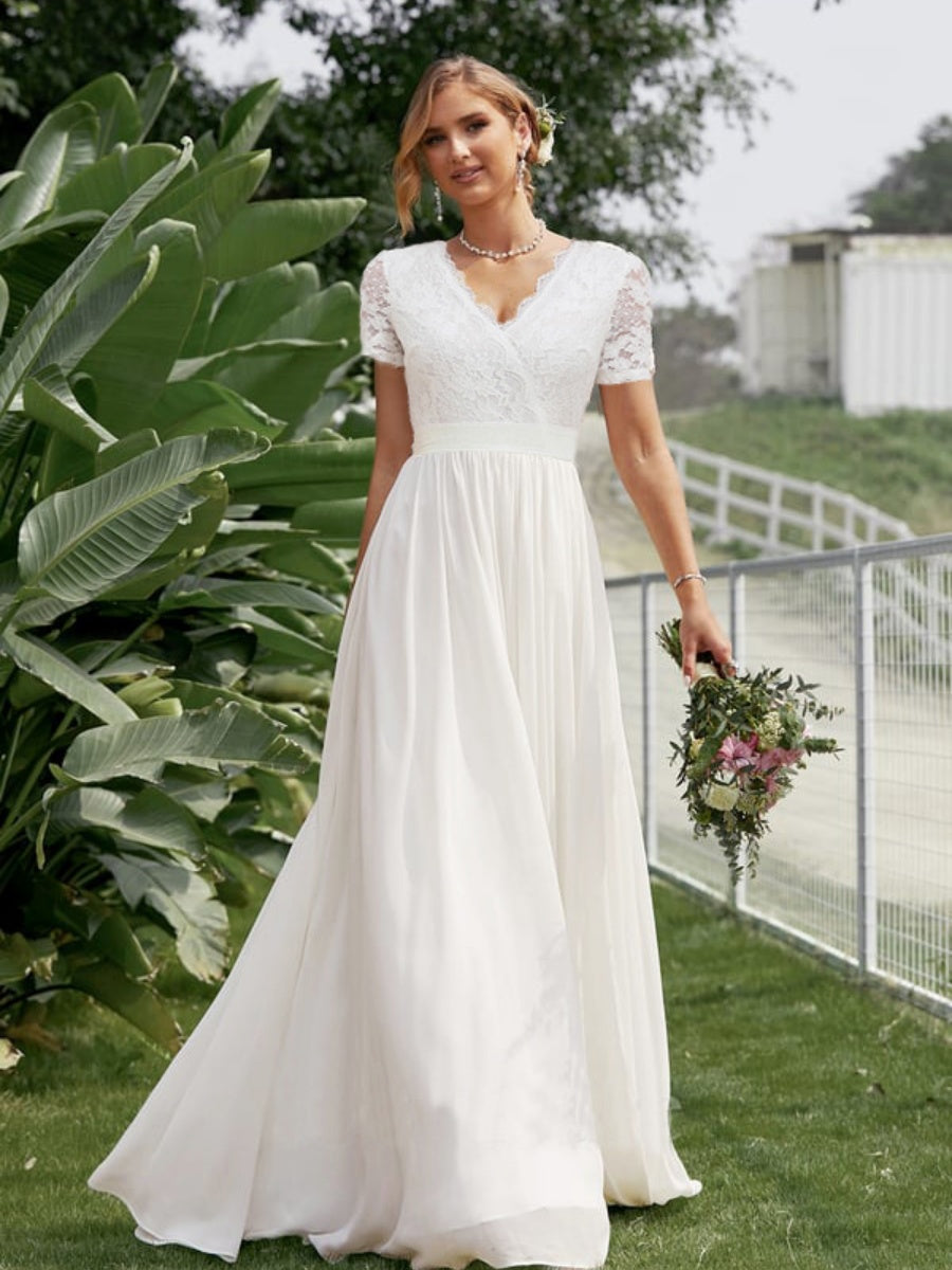 Lace Trim Splicing Chiffon Waist V-neck Maxi Dresses