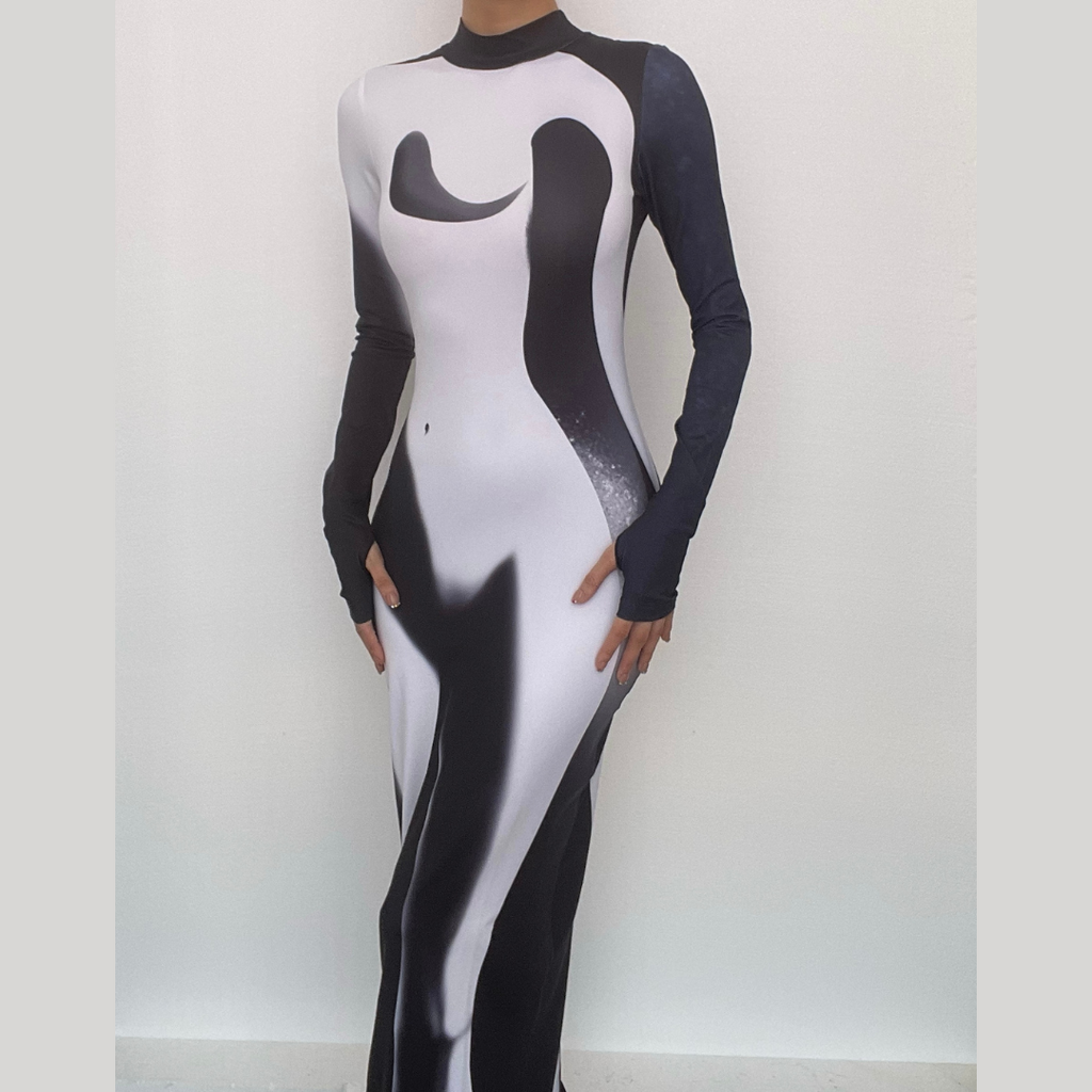 Long sleeve contrast gloves crewneck abstract midi dress