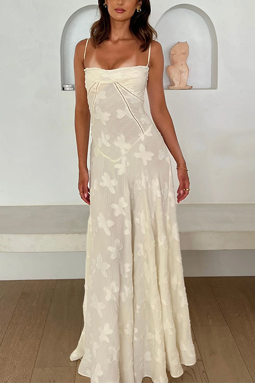 Spaghetti Strap Back Lace-up Applique Flower Maxi Swing Dress