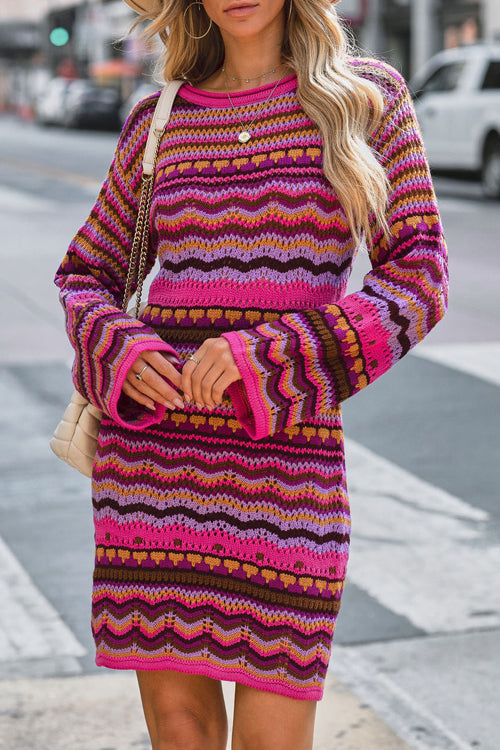 Striped Crochet Knit Crew Neck Bell Sleeve Mini Dress
