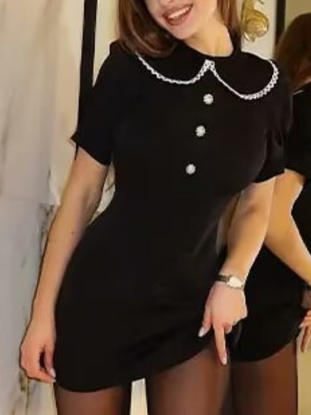 Color-blocked Detachable Peter Pan Collar Buttons Short Sleeves Mini&Short Dresses