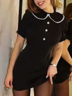Color-blocked Detachable Peter Pan Collar Buttons Short Sleeves Mini&Short Dresses