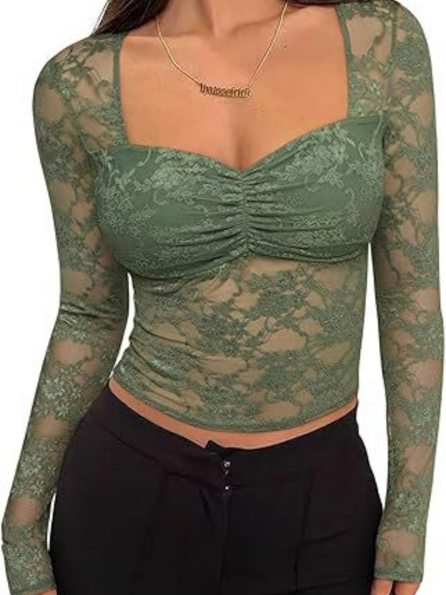 Lace See-through Square Neckline And Fitted Waist Long-sleeved T-shirt